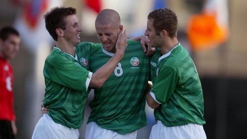 Graham Barrett celebrates and Ireland Under-21 goal with Liam Miller and John O'Flynn