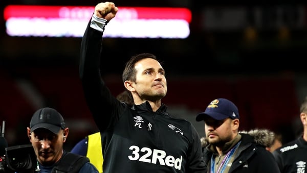 Frank Lampard salutes the travelling Derby fans at Old Trafford