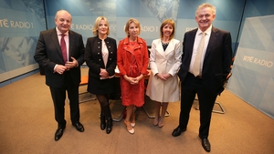Gavin Duffy, Liadh Ní Riada, presenter Áine Lawlor, Joan Freeman and Peter Casey before the radio debate Gavin Duffy, Liadh Ní Riada, presenter Áine Lawlor, Joan Freeman and Peter Casey before the radio debate