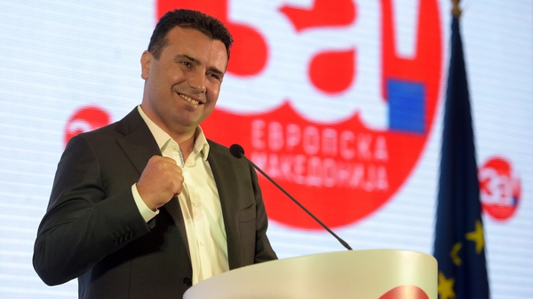 Macedonian Prime Minister Zoran Zaev holds a press conference after the closing of the polls