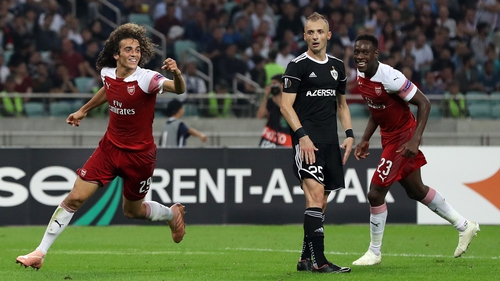 Matteo Guendouzi celebrates scoring Arsenal's third goal against Qarabag in tonight's Europa League win