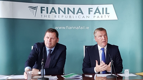 Barry Cowen (L) and Micheal McGrath at the launch of FF's pre-budget priorities