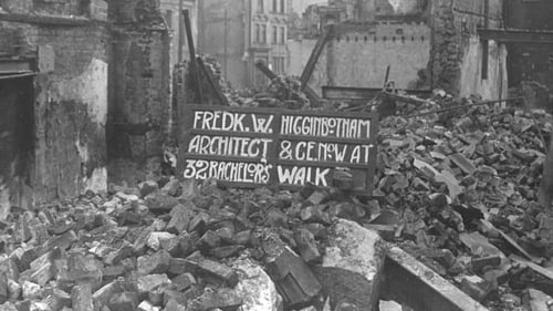A sign for architect and civil engineer Frederick Higginbotham in the Sackville Street rubble after the 1916 Rising. Sackvi