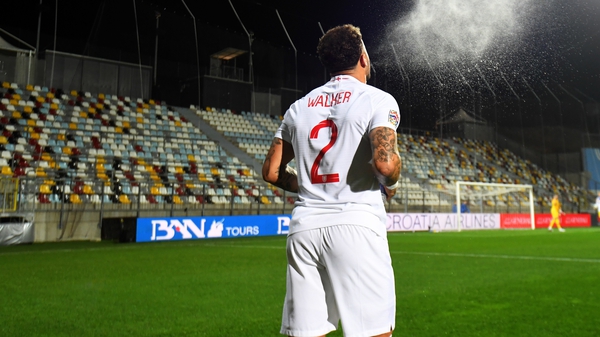 Kyle Walker takes a throw-in at a deserted Stadion HNK Rijeka