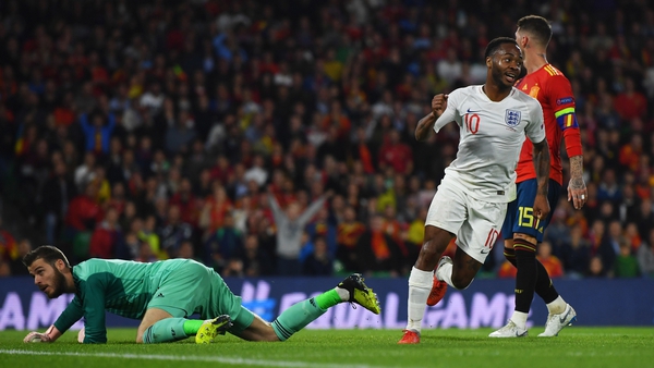 Raheem Sterling scored twice as England shot into a three goal half-time lead against Spain