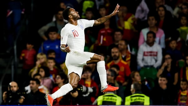 Raheem Sterling of England celebrates his goal against Spain