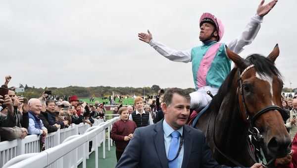 Frankie Dettori basks in the applause after Enable's second Arc success