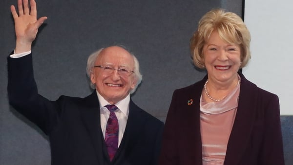 President Michael D Higgins celebrates his victory at Dublin Castle this evening
