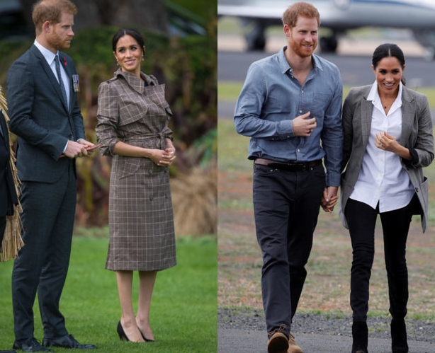 The Duke and Duchess of Sussex at Government House in Wellington, NZ (left) and arriving at Dubbo airport, Australia (right) (PA)
