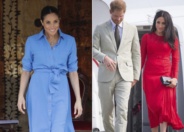 The Duchess of Sussex during a visit to Tupou College in Tonga (left), and the Duke and Duchess arriving at Fua'amotu Airport, Tonga (right) (PA)