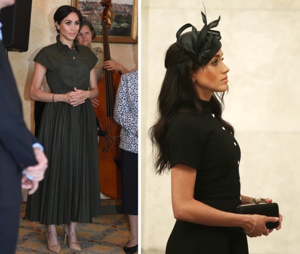 The Duchess of Sussex at a reception hosted by the Governor-General at Admiralty House in Sydney (left), and the Anzac Memorial in Hyde Park, Sydney (right) (PA)