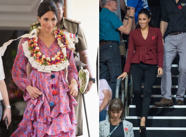 The Duchess of Sussex at a morning tea at the British High Commissioner's Residence in Suva, Fiji (right), and the Invictus Games 2018 wheelchair basketball final (right) (PA)
