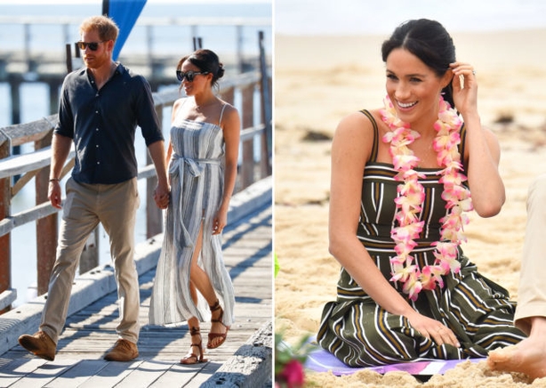 Sand on the Duchess of Sussex's shoes as she walks on South Melbourne Beach (PA)