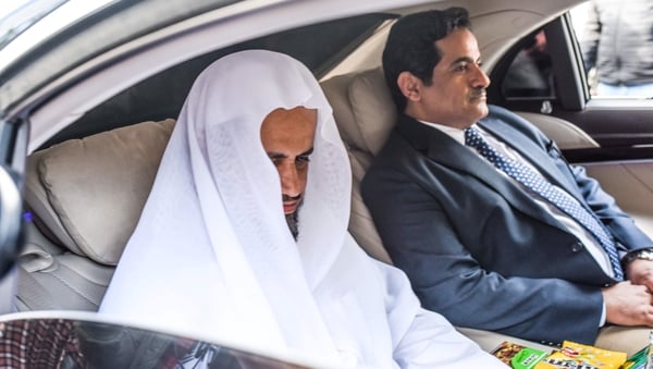 The head of the Saudi investigation, Attorney General Sheikh Saud al-Mojeb (L), leaves the Saudi Arabian consulate in Istanbul