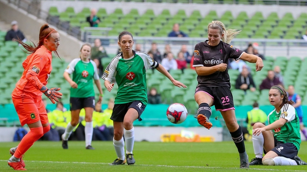 Katrina Parrock volleys home the opening goal for Wexford Youths
