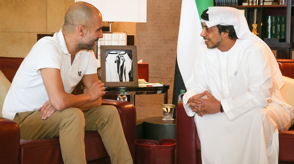 Pep Guardiola meets his employer, Sheikh Mansour bin Zayed Al Nahyan