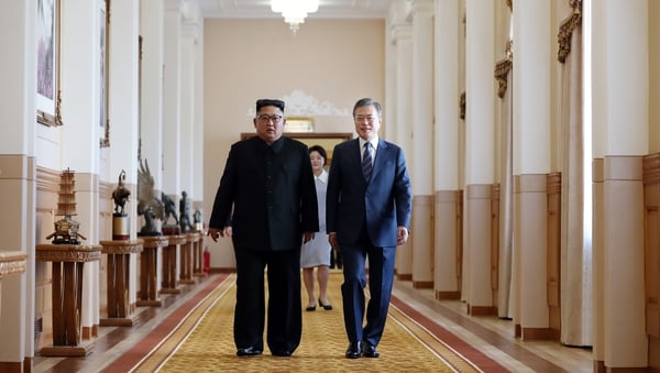 South Korean president Moon Jae-in and North Korean leader Kim Jong Un before their meeting in Pyongyang, North Korea in September 2018. Photo: Pyeongyang Press Corps/Pool/Getty Images