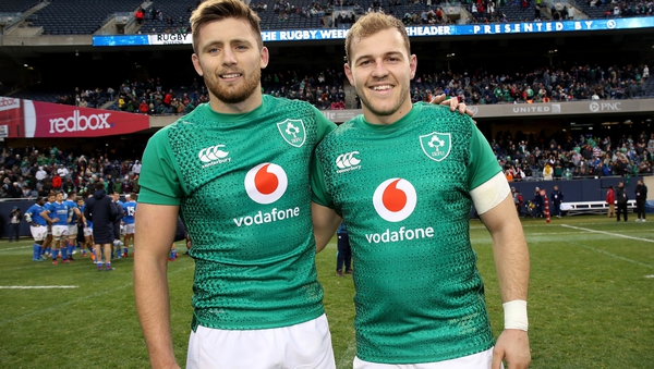 Will Addison (R) pictured with fellow debuant Ross Byrne after Ireland v Italy