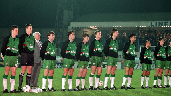 The Republic of Ireland line up before kick-off at Windsor Park in November 1993