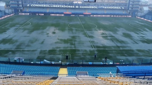 Water lies on the surface of La Bombonera Stadium in Buenos Aires