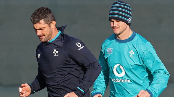Rob Kearney and Jonathan Sexton at today's training session at Carton House