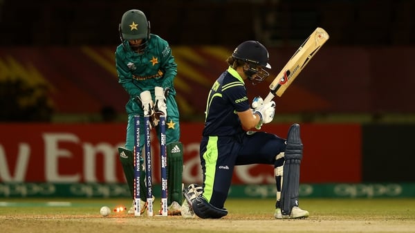 Clare Shillington of Ireland is bowled with Sidra Nawaz, wicket keeper of Pakistan looking on during the ICC Women's World T20 clash