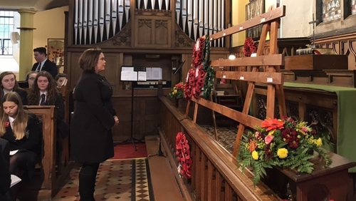 SF leader Mary Lou McDonald laid a laurel wreath for Irish soldiers in Calry Parish Church