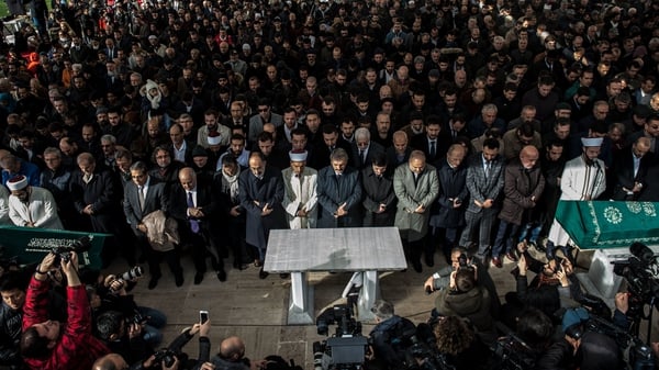 People attend a symbolic funeral prayer for Jamal Khashoggi at the Fatih mosque in Istanbul