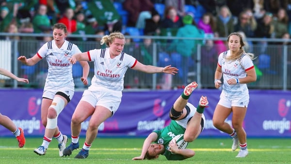 Ireland out-half Nikki Caughey takes a tumble in the defeat to USA at Donnybrook