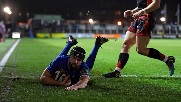 Scott Fardy slides over for Leinster's third try in Rodney Parade