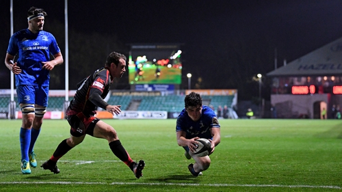 Jimmy O'Brien runs in Leinster's final try in their 59-10 hammering of Dragons on Saturday