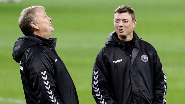 Denmark manager Aage Hareide (L) with assistant manager Jon Dahl Tomasson before last year's World Cup play-off in Dublin