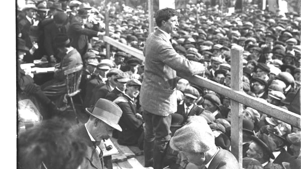 Éamon de Valera addresses an anti-conscription meeting in 1918. The Sinn Féin leader was in prison when elected for two constituencies at the election of December that year.
