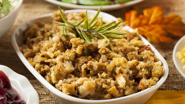 Homemade thanksgiving stuffing in a white bowl