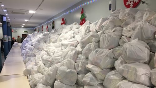 Thousands of food parcels lined up ready for distribution
