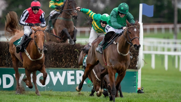 Simply Ned (L) prepares to make a move as Ruby Walsh clears the last on Footpad with Great Filed falling in the background