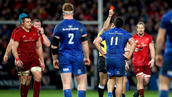 Leinster's James Lowe is sent off by referee Frank Murphy