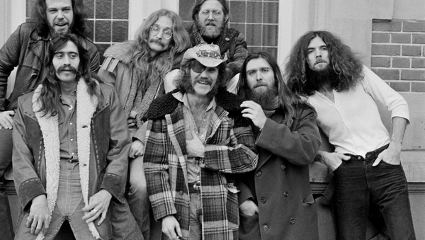 Dr. Hook & the Medicine Show
pictured in 1974. L-R: John Wolters, Billy Francis, Rik Elswitt, Ray Sawyer (with eyepatch), Jance Garfat, Dennis Locorriere and George Cummings.