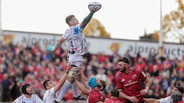 Savage winning a ball in the air against Munster in October