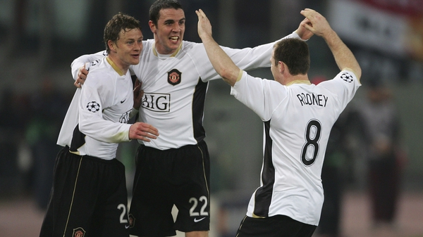 Ole Gunnar Solskjaer, John O'Shea and Wayne Rooney celebrate a Manchester United goal in 2007