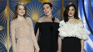 (L-R) The Favourite stars Emma Stone, Olivia Colman and Rachel Weisz onstage at the Golden Globes
