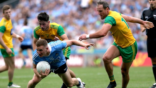 Ryan McHugh, left, and Michael Murphy in action against Dublin the the All-Ireland quarter-finals series last year