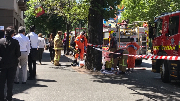 Hazmat and fire crews work outside the Indian and French consulates in Melbourne