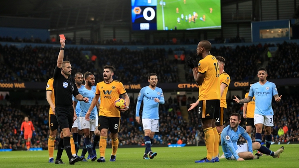 Wolves' Willy Bolywas dismissed after 19 minutes for a sliding tackle on Bernardo Silva