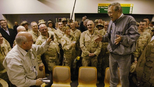 US Defense Secretary Donald Rumsfeld speaks to US troops at Shannon Airport in February 2004. Photo: Jason Reed/AFP/ Getty Images