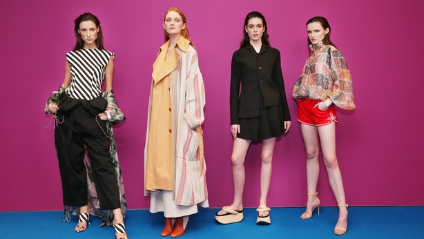 Paula Pancer wears Dries Van Noten black cargo trousers €750, Aine O'Gorman wears Roksanda striped coat €3,310, Louise Byrne wears Jil Sander black blazer €1,450 & skirt €690 and Maria Traynor wears Zimmermann patchwork blouse €650 & red shorts €550 on Tuesday, 15th January, as Brown Thomas unveiled the brand new Spring Summer 2019 International Designer Collections with Ireland's top models Laura O'Grady and Maria Traynor. From New York and London to Milan and Paris, Spring Summer 2019 showcases a vibrant, versatile and colourful season. The new season brings a spectrum of newness from the glamourous 'All Dolled Up' to the pared-back 'Down to Earth'. The hottest, most exciting new ready-to-wear brands to arrive at Brown Thomas for SS19 include Jil Sanders, Kitri, MM6, Rejina Pyo, Rotate, Stine Goya, Comme Des Garcon Girl, Kenzo and Preen Line. Photograph: Leon Farrell / Photocall Ireland