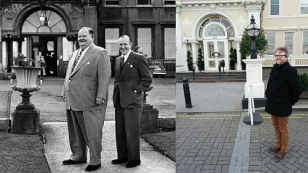 Laurel & Hardy in front of Dun Dun Laoghaire's Royal Harbour Hotel in 1953, and writer Paul Markey on the same spot today