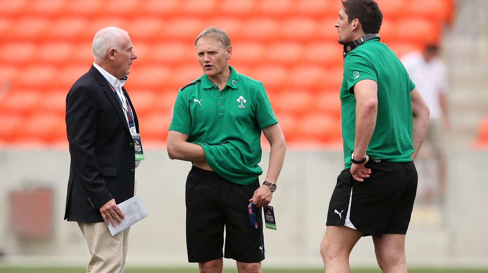 Image - In discussion with Ireland team manager Mick Kearney, left, and head coach Joe Schmidt
