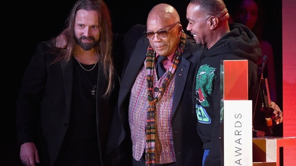 Max Martin, Quincy Jones and Timbaland speak onstage during Spotify's Secret Genius Awards, November 2018, LA
