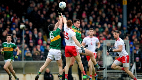 Kerry and Tyrone players contest a high ball during the opening round of the Allianz Football League